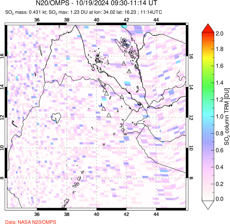 A sulfur dioxide image over Afar and southern Red Sea on Oct 19, 2024.