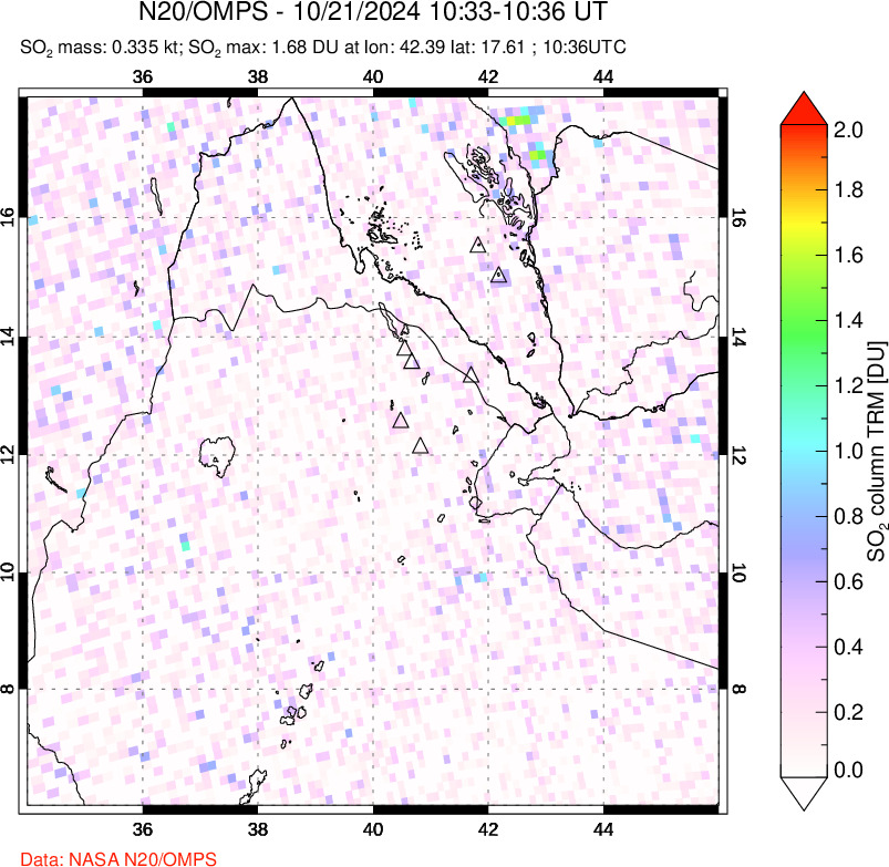 A sulfur dioxide image over Afar and southern Red Sea on Oct 21, 2024.