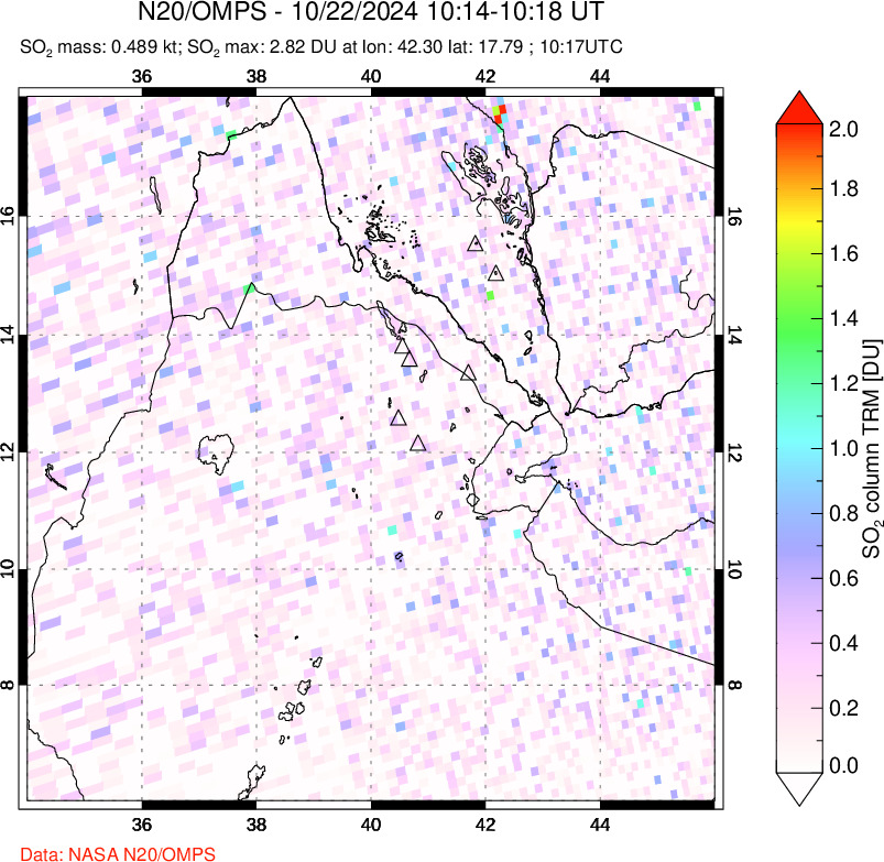 A sulfur dioxide image over Afar and southern Red Sea on Oct 22, 2024.