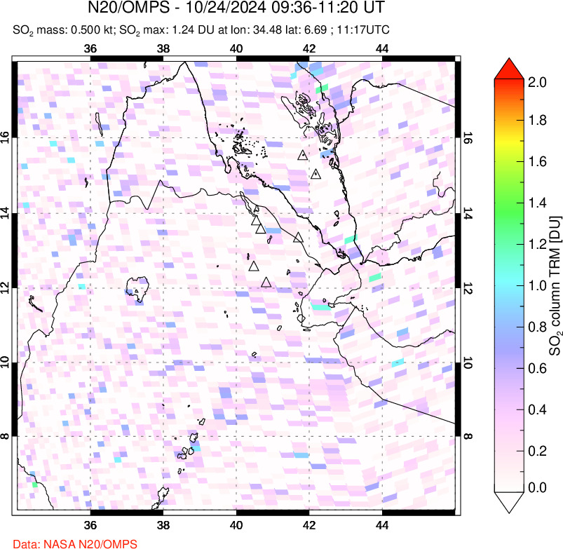 A sulfur dioxide image over Afar and southern Red Sea on Oct 24, 2024.