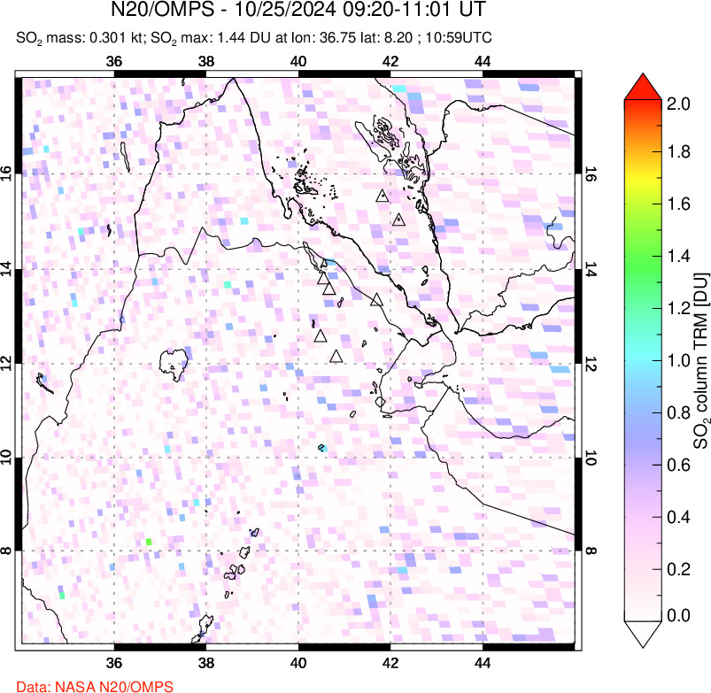 A sulfur dioxide image over Afar and southern Red Sea on Oct 25, 2024.