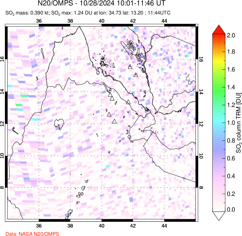 A sulfur dioxide image over Afar and southern Red Sea on Oct 28, 2024.