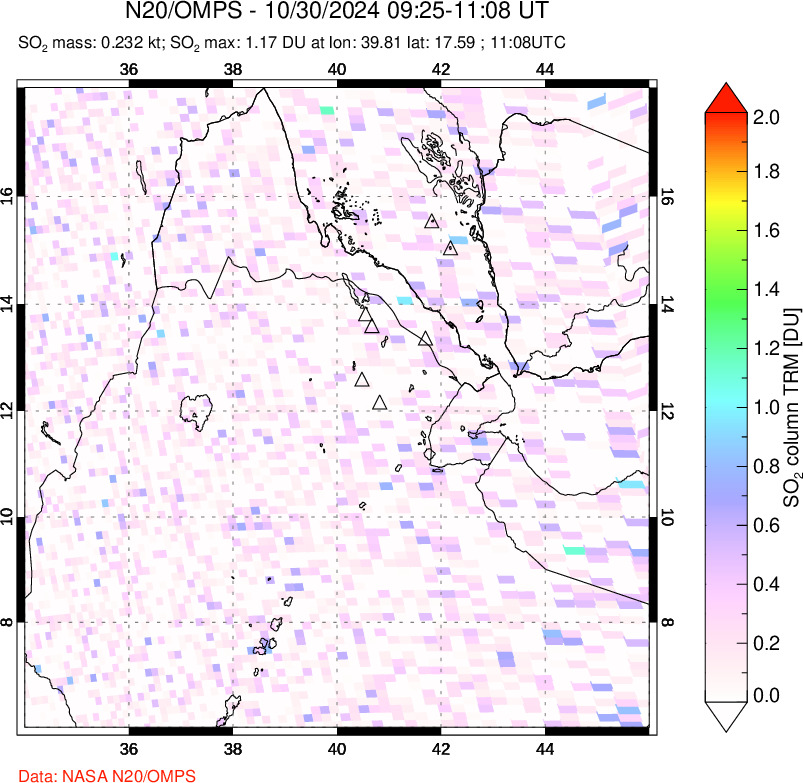 A sulfur dioxide image over Afar and southern Red Sea on Oct 30, 2024.