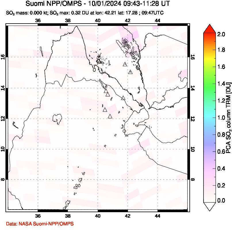 A sulfur dioxide image over Afar and southern Red Sea on Oct 01, 2024.