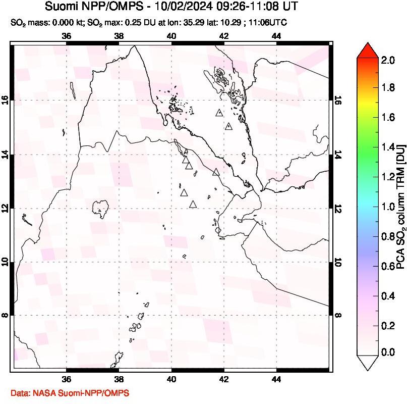 A sulfur dioxide image over Afar and southern Red Sea on Oct 02, 2024.