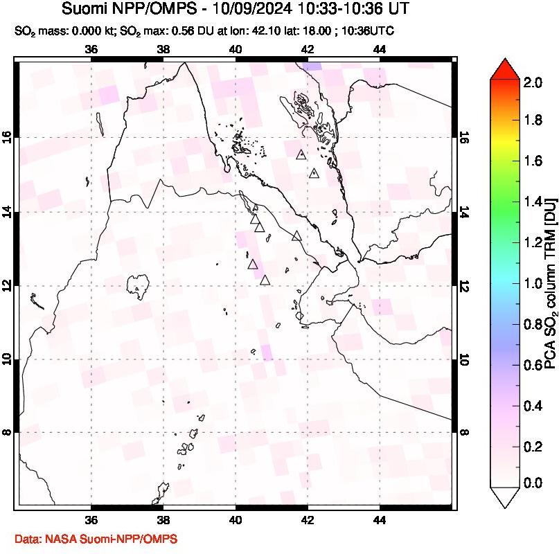 A sulfur dioxide image over Afar and southern Red Sea on Oct 09, 2024.