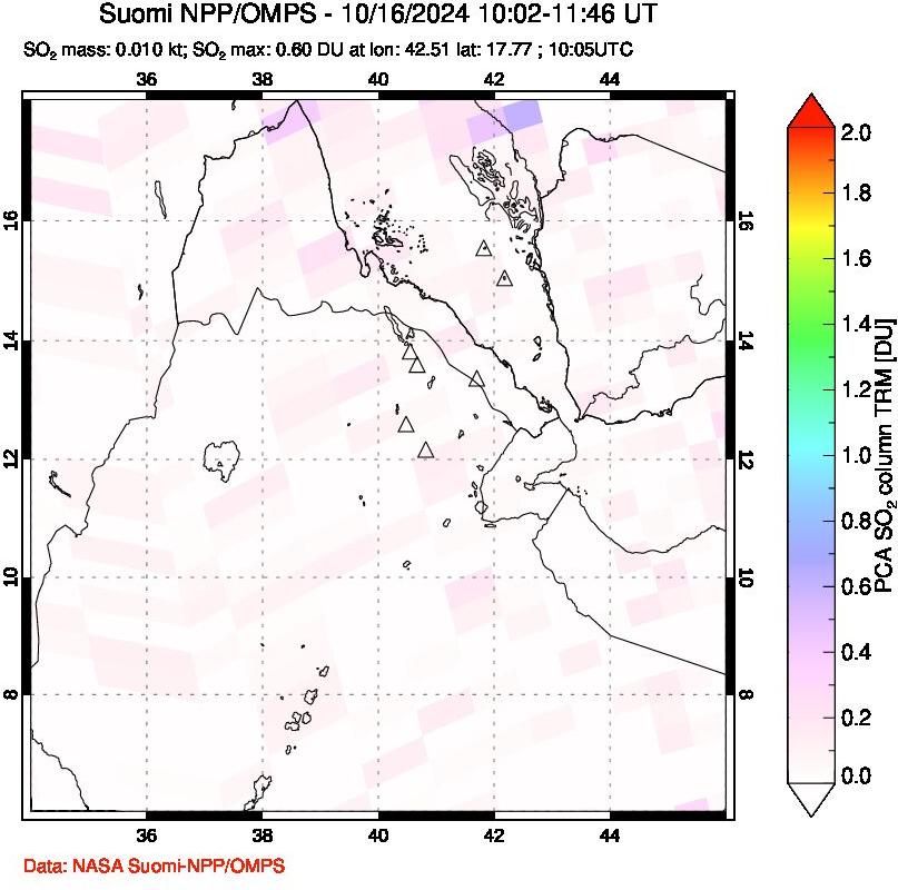 A sulfur dioxide image over Afar and southern Red Sea on Oct 16, 2024.