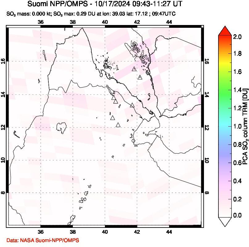 A sulfur dioxide image over Afar and southern Red Sea on Oct 17, 2024.