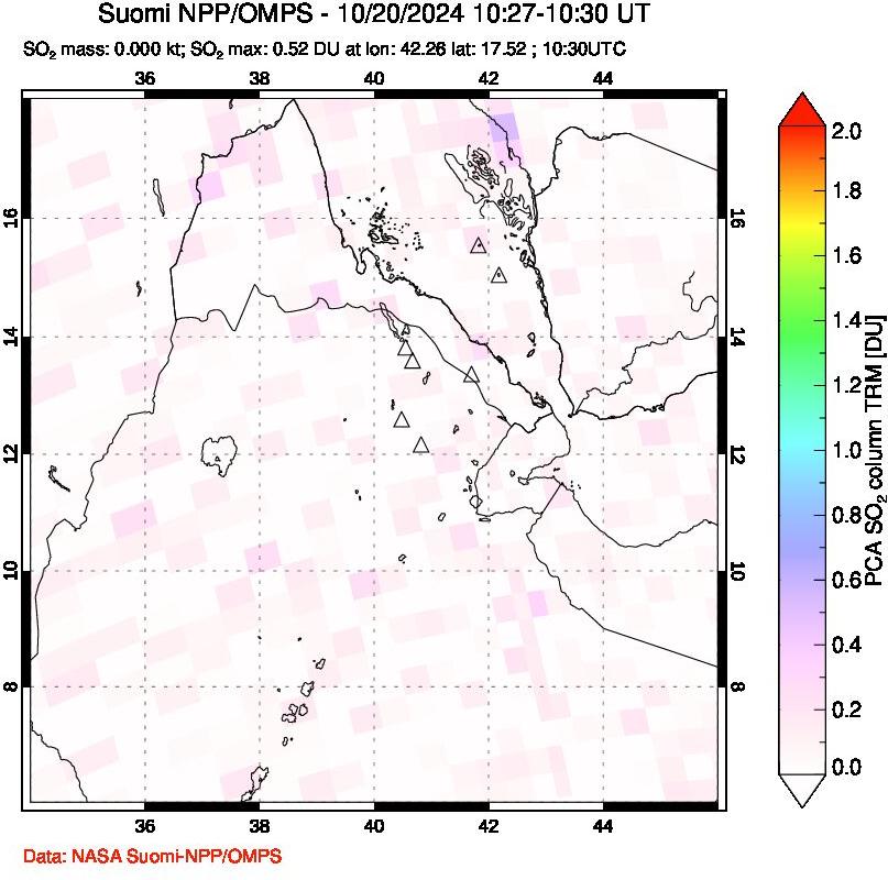 A sulfur dioxide image over Afar and southern Red Sea on Oct 20, 2024.