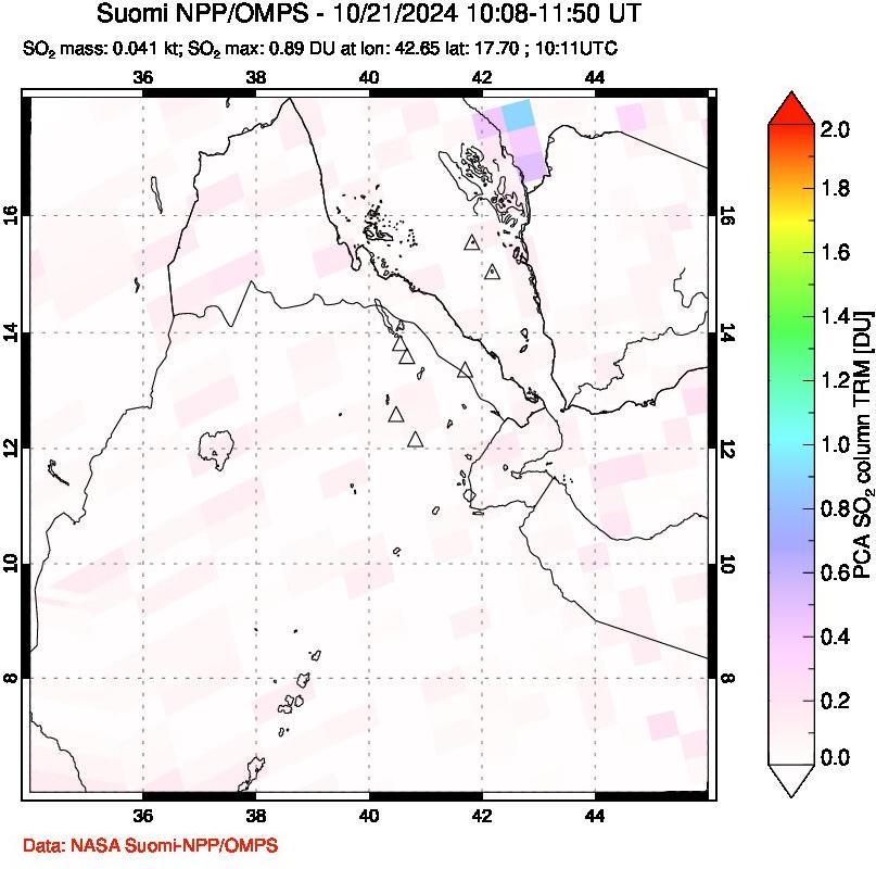 A sulfur dioxide image over Afar and southern Red Sea on Oct 21, 2024.