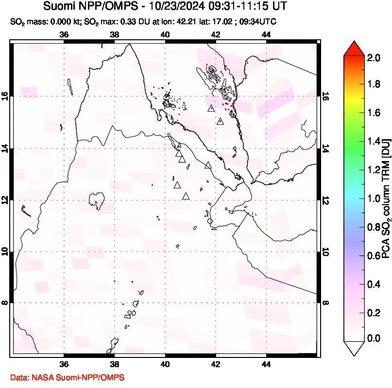 A sulfur dioxide image over Afar and southern Red Sea on Oct 23, 2024.