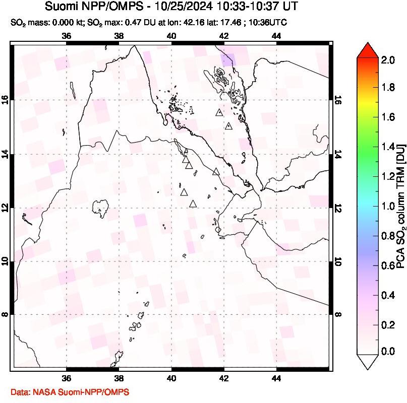 A sulfur dioxide image over Afar and southern Red Sea on Oct 25, 2024.