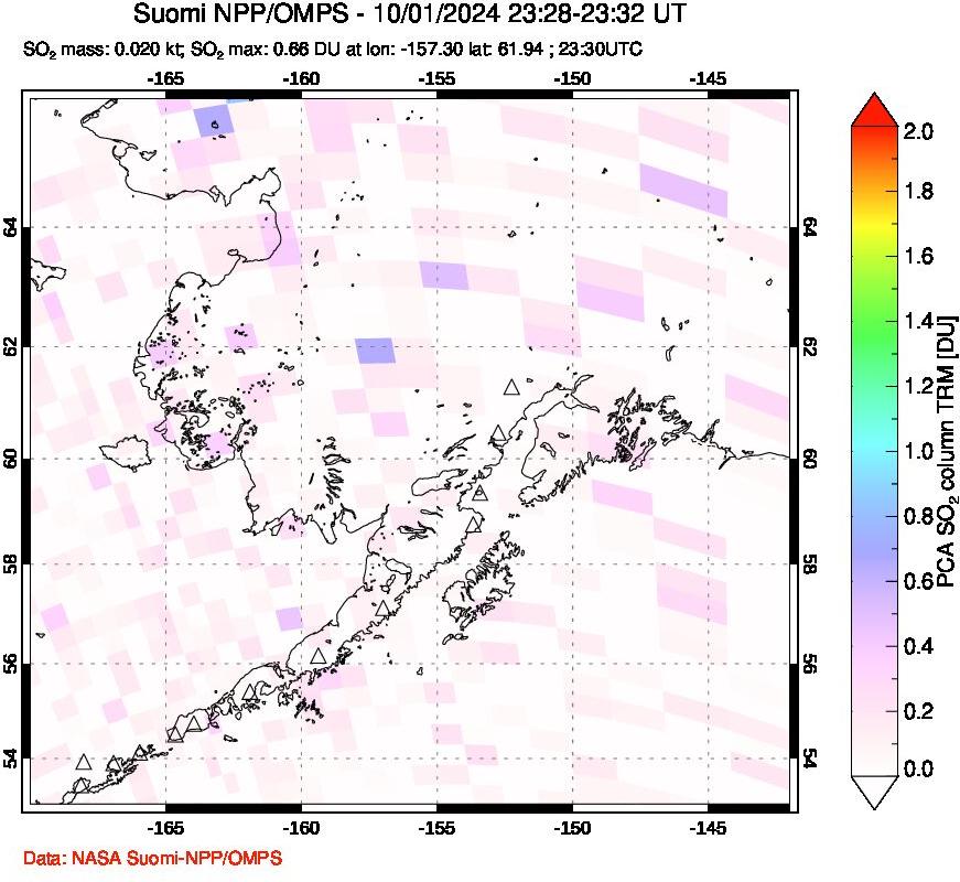 A sulfur dioxide image over Alaska, USA on Oct 01, 2024.