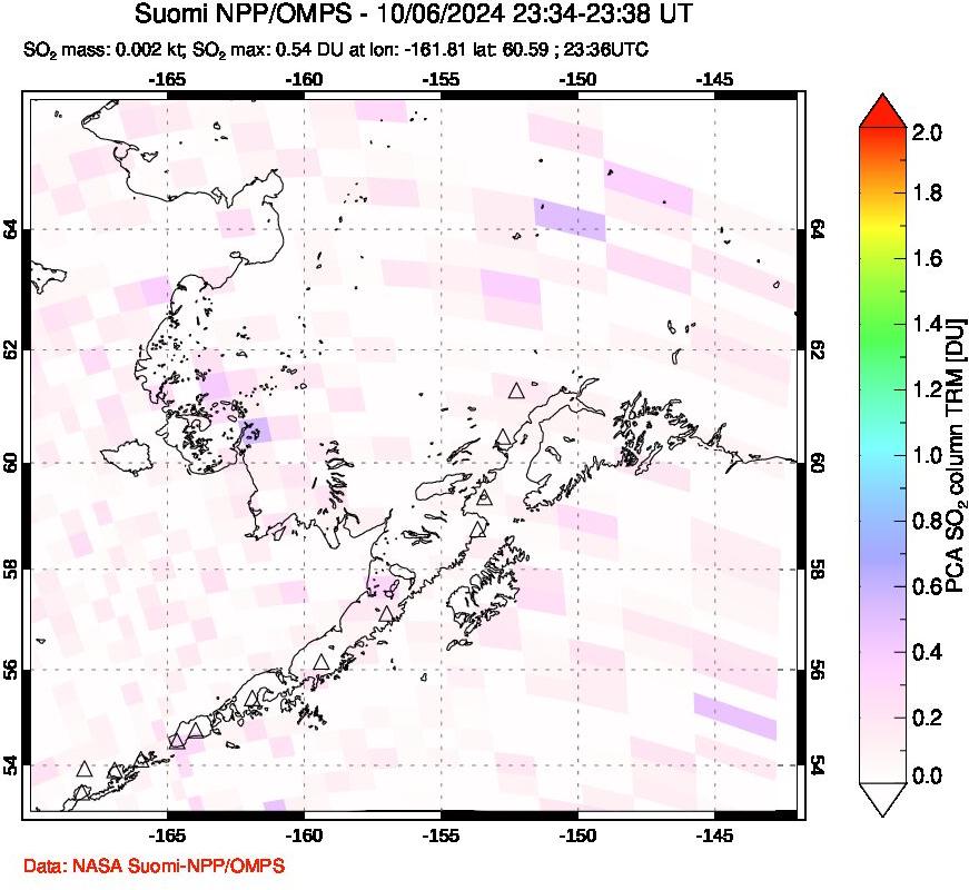 A sulfur dioxide image over Alaska, USA on Oct 06, 2024.