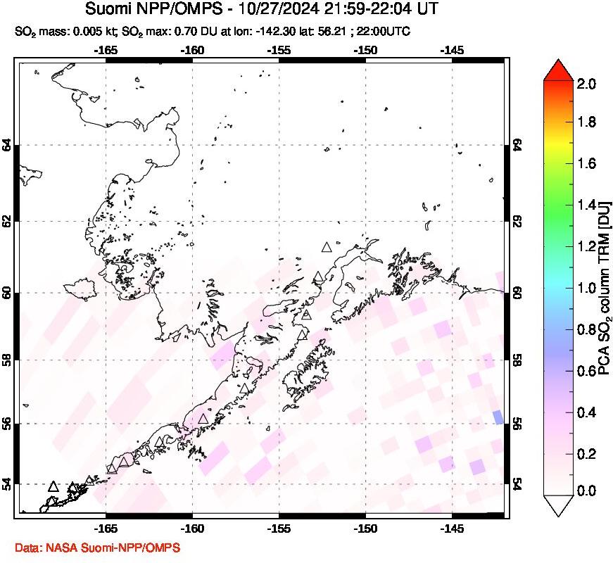 A sulfur dioxide image over Alaska, USA on Oct 27, 2024.