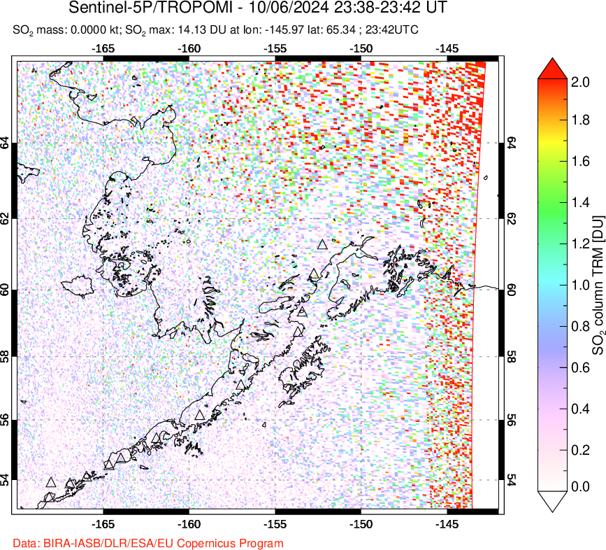 A sulfur dioxide image over Alaska, USA on Oct 06, 2024.