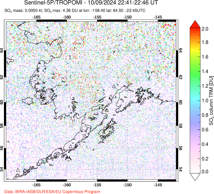 A sulfur dioxide image over Alaska, USA on Oct 09, 2024.