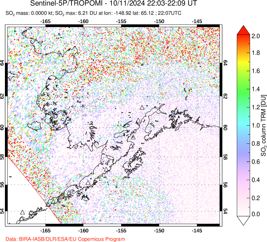 A sulfur dioxide image over Alaska, USA on Oct 11, 2024.