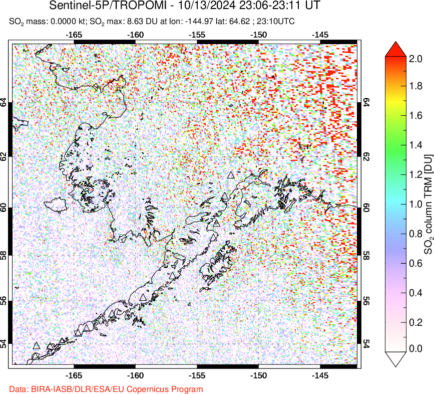 A sulfur dioxide image over Alaska, USA on Oct 13, 2024.