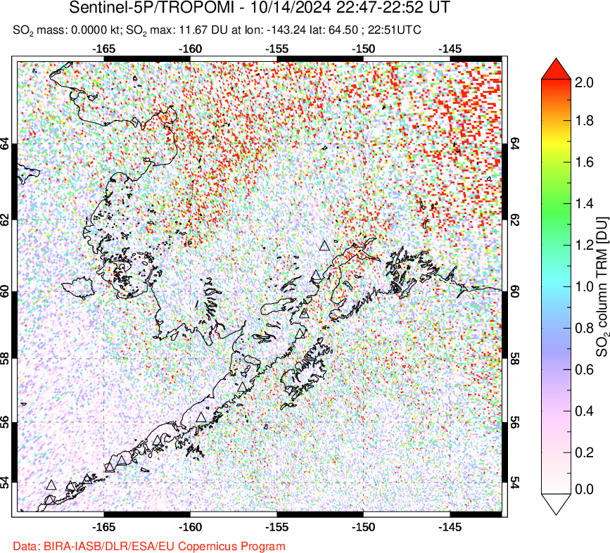 A sulfur dioxide image over Alaska, USA on Oct 14, 2024.