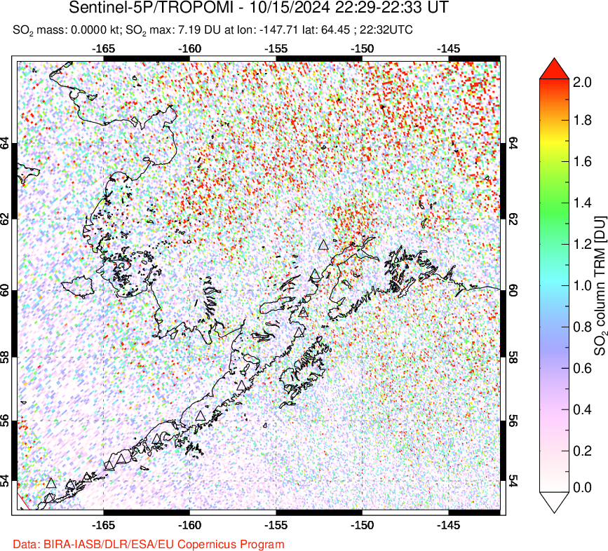 A sulfur dioxide image over Alaska, USA on Oct 15, 2024.