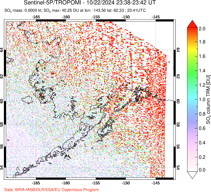 A sulfur dioxide image over Alaska, USA on Oct 22, 2024.