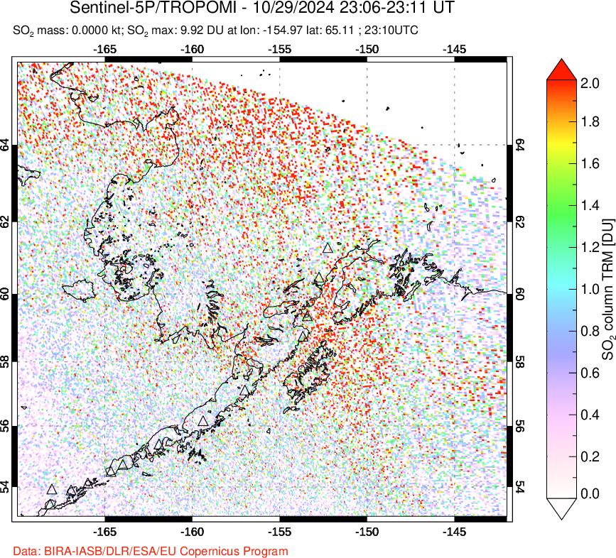 A sulfur dioxide image over Alaska, USA on Oct 29, 2024.