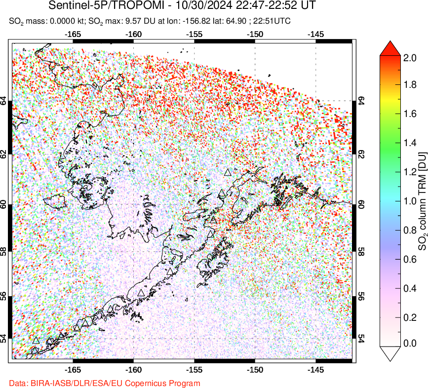 A sulfur dioxide image over Alaska, USA on Oct 30, 2024.