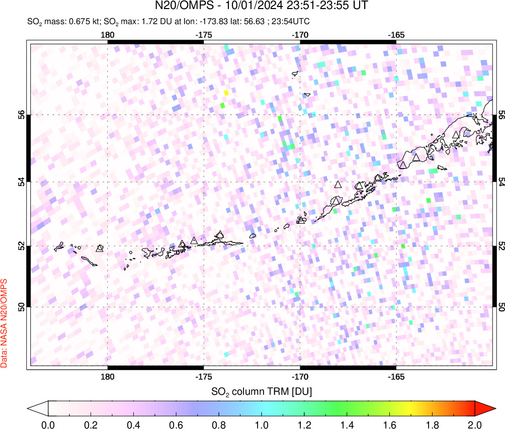 A sulfur dioxide image over Aleutian Islands, Alaska, USA on Oct 01, 2024.