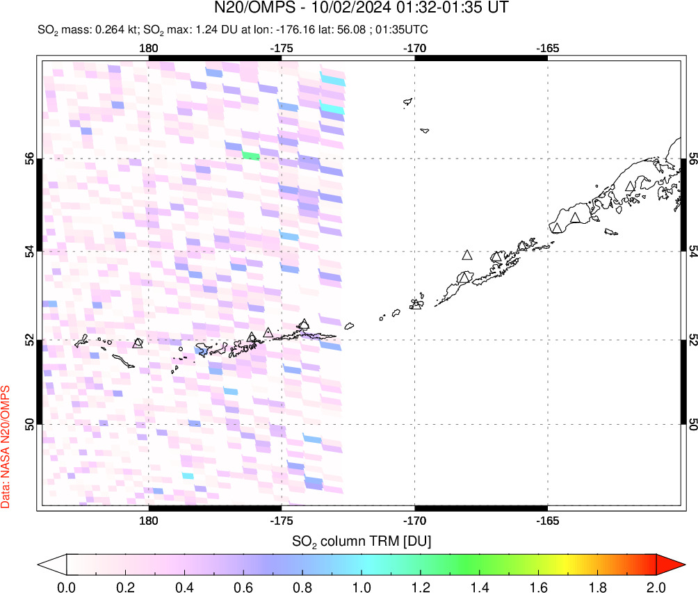 A sulfur dioxide image over Aleutian Islands, Alaska, USA on Oct 02, 2024.