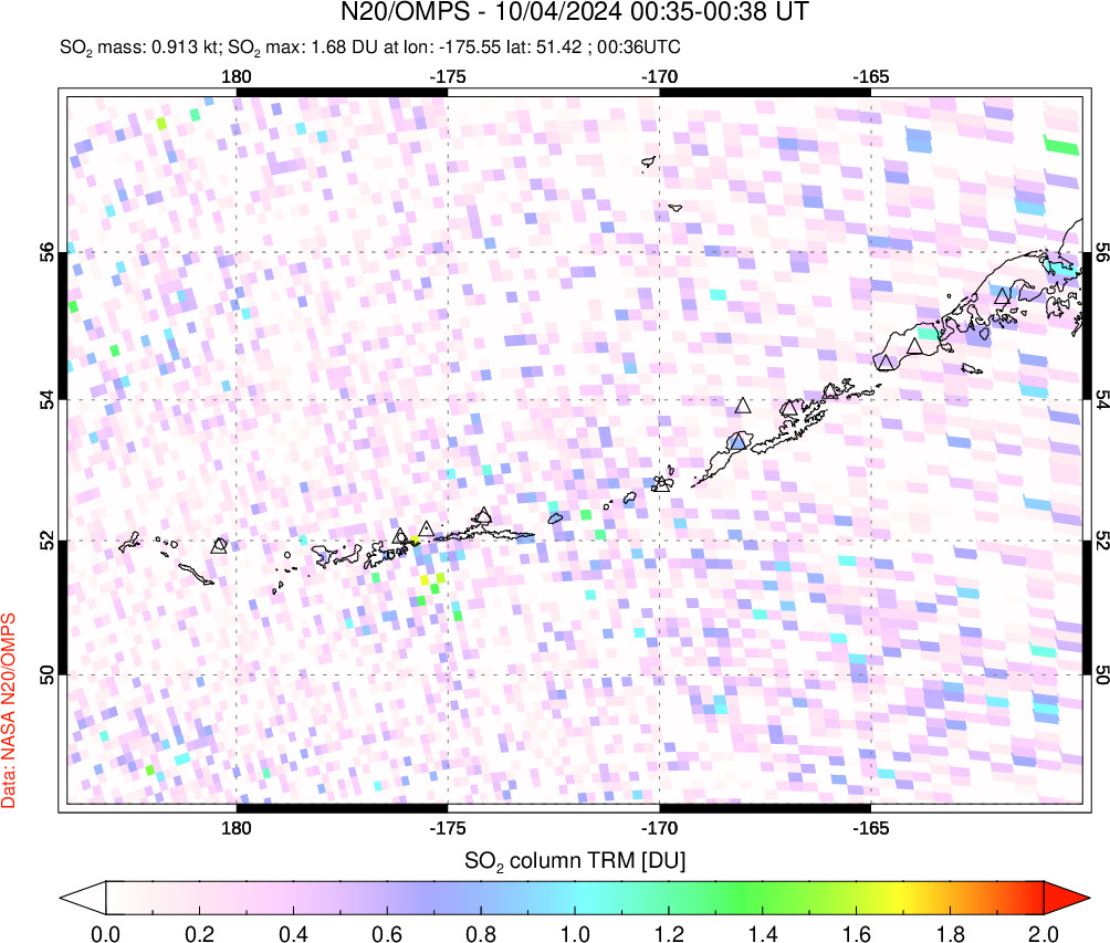 A sulfur dioxide image over Aleutian Islands, Alaska, USA on Oct 04, 2024.