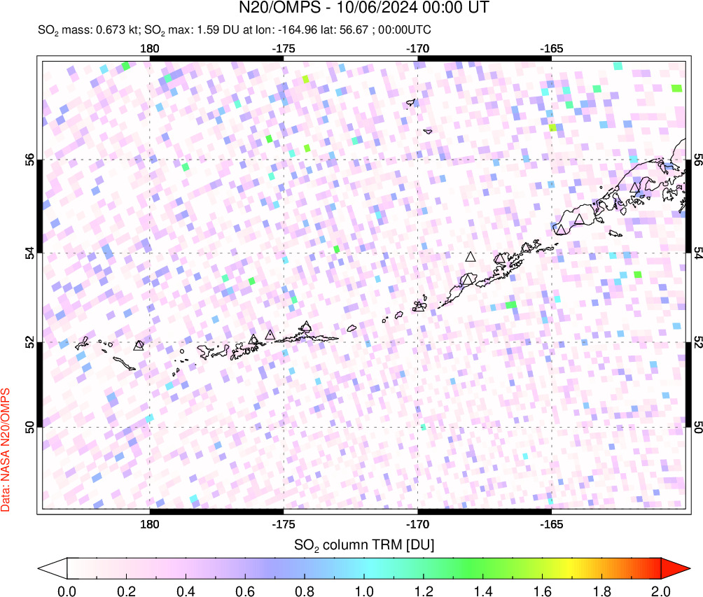 A sulfur dioxide image over Aleutian Islands, Alaska, USA on Oct 06, 2024.