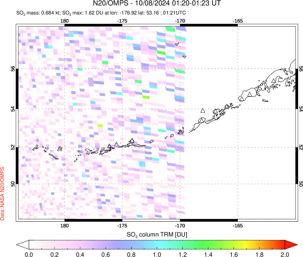 A sulfur dioxide image over Aleutian Islands, Alaska, USA on Oct 08, 2024.