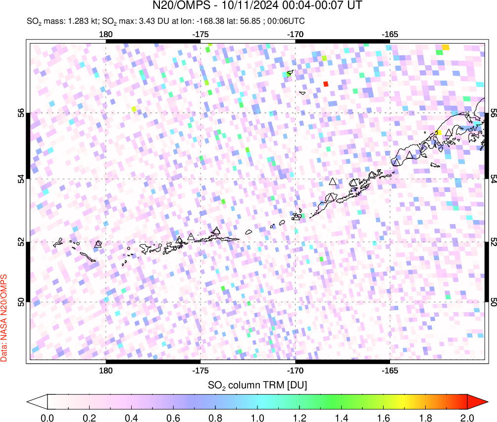 A sulfur dioxide image over Aleutian Islands, Alaska, USA on Oct 11, 2024.