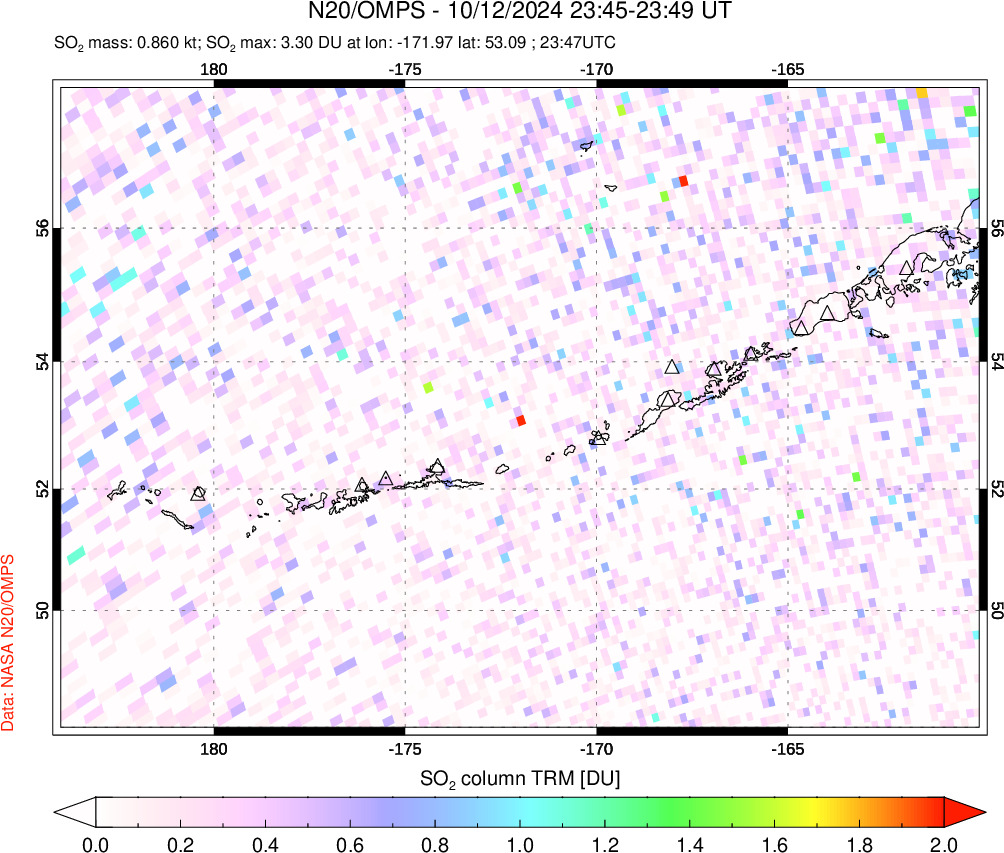 A sulfur dioxide image over Aleutian Islands, Alaska, USA on Oct 12, 2024.