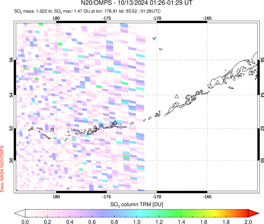 A sulfur dioxide image over Aleutian Islands, Alaska, USA on Oct 13, 2024.