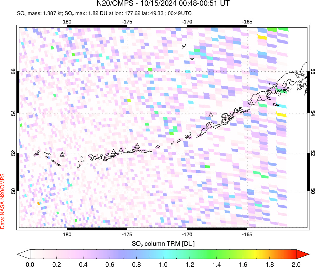 A sulfur dioxide image over Aleutian Islands, Alaska, USA on Oct 15, 2024.