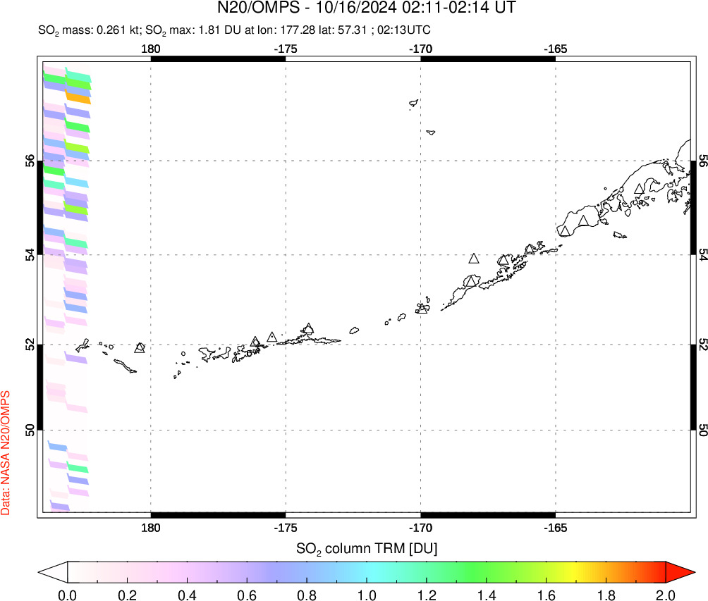 A sulfur dioxide image over Aleutian Islands, Alaska, USA on Oct 16, 2024.