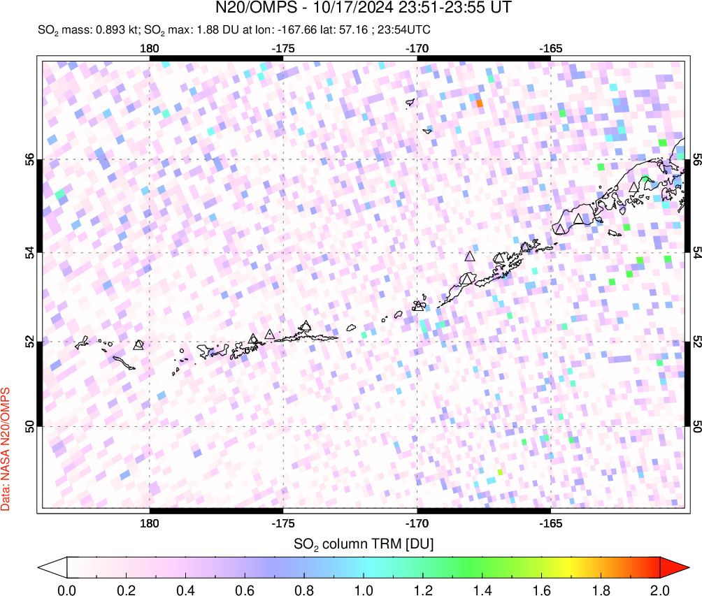 A sulfur dioxide image over Aleutian Islands, Alaska, USA on Oct 17, 2024.