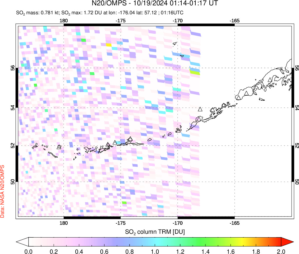 A sulfur dioxide image over Aleutian Islands, Alaska, USA on Oct 19, 2024.