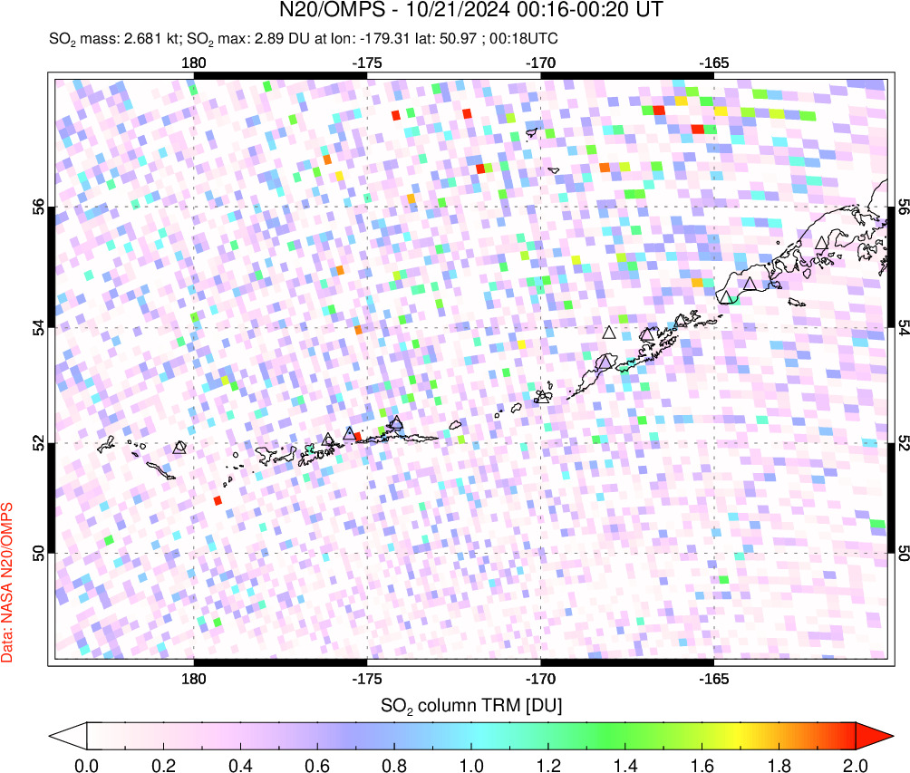 A sulfur dioxide image over Aleutian Islands, Alaska, USA on Oct 21, 2024.