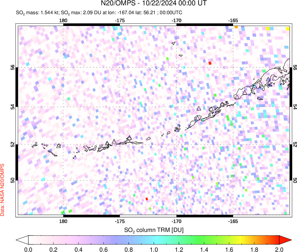 A sulfur dioxide image over Aleutian Islands, Alaska, USA on Oct 22, 2024.