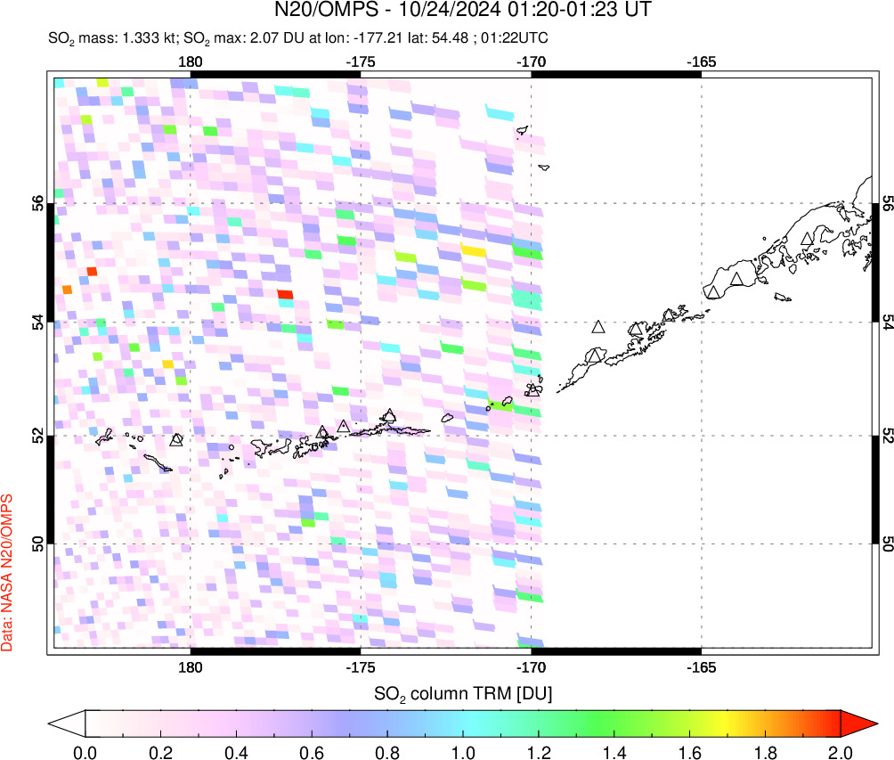 A sulfur dioxide image over Aleutian Islands, Alaska, USA on Oct 24, 2024.