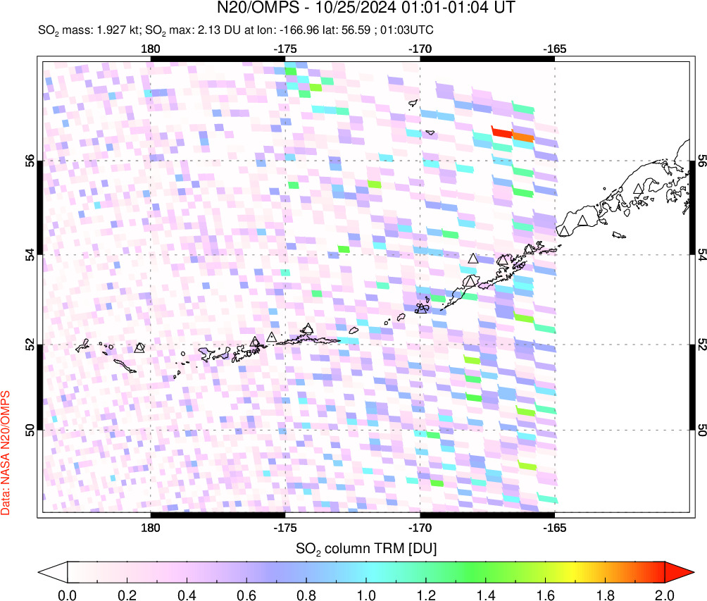 A sulfur dioxide image over Aleutian Islands, Alaska, USA on Oct 25, 2024.