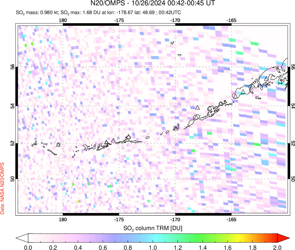 A sulfur dioxide image over Aleutian Islands, Alaska, USA on Oct 26, 2024.