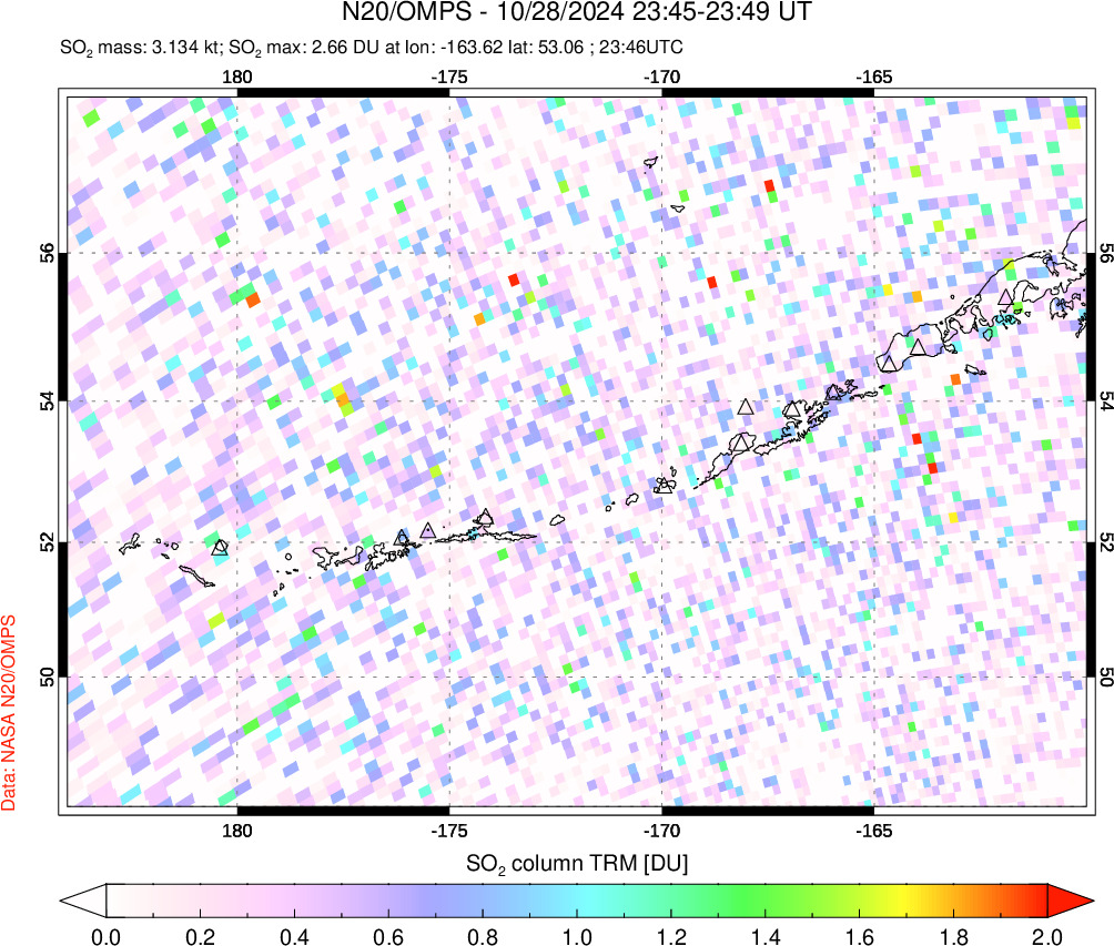 A sulfur dioxide image over Aleutian Islands, Alaska, USA on Oct 28, 2024.