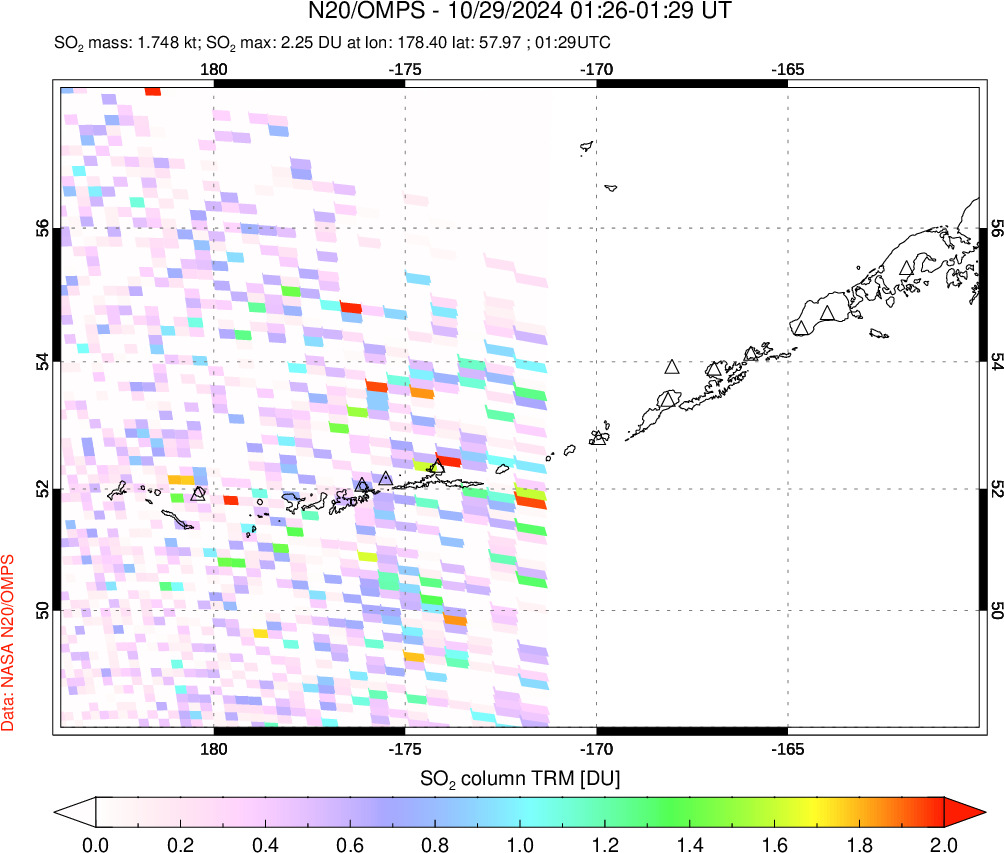 A sulfur dioxide image over Aleutian Islands, Alaska, USA on Oct 29, 2024.