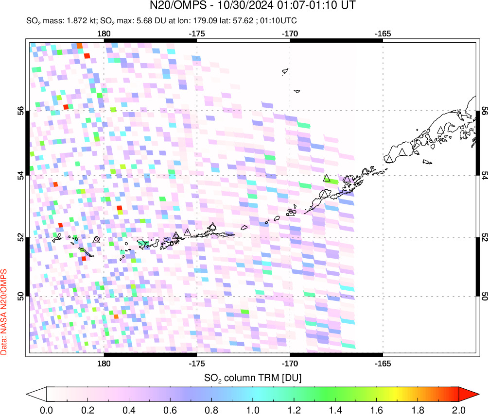 A sulfur dioxide image over Aleutian Islands, Alaska, USA on Oct 30, 2024.