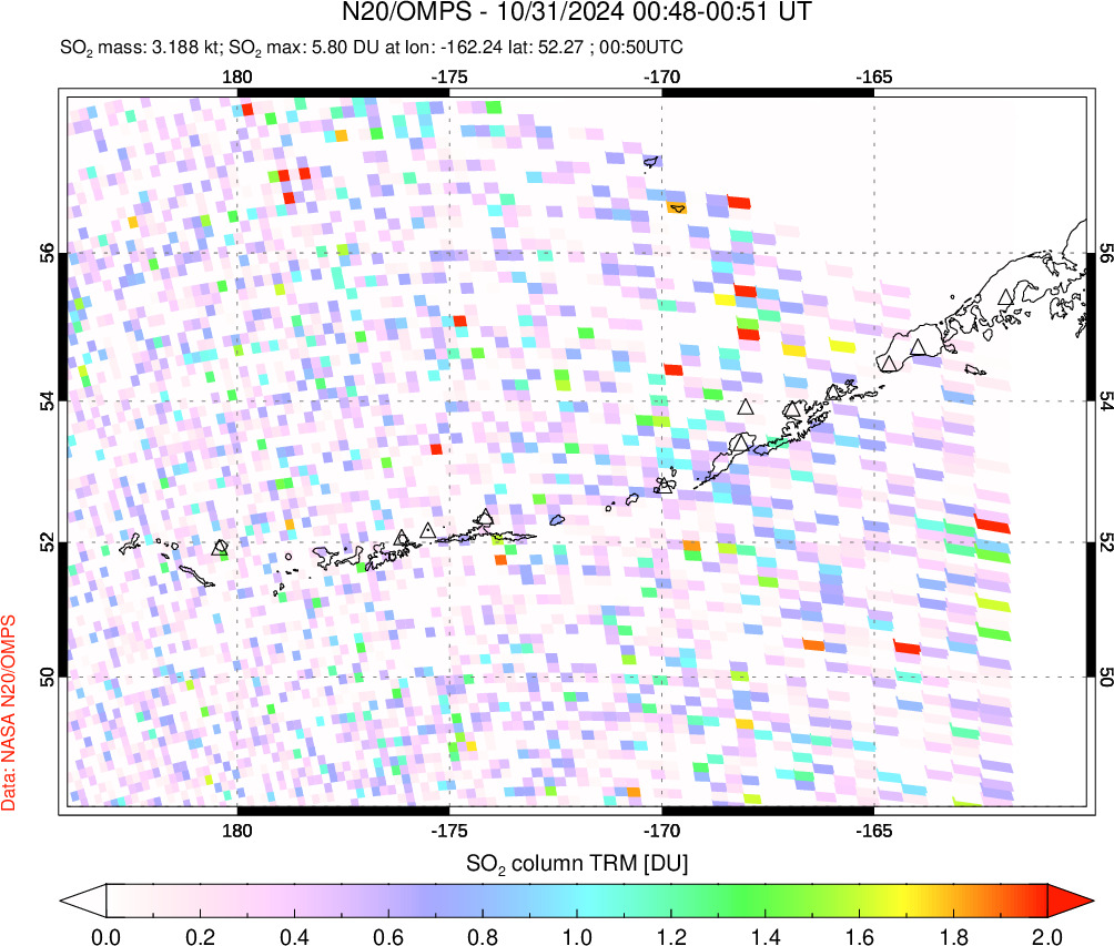 A sulfur dioxide image over Aleutian Islands, Alaska, USA on Oct 31, 2024.