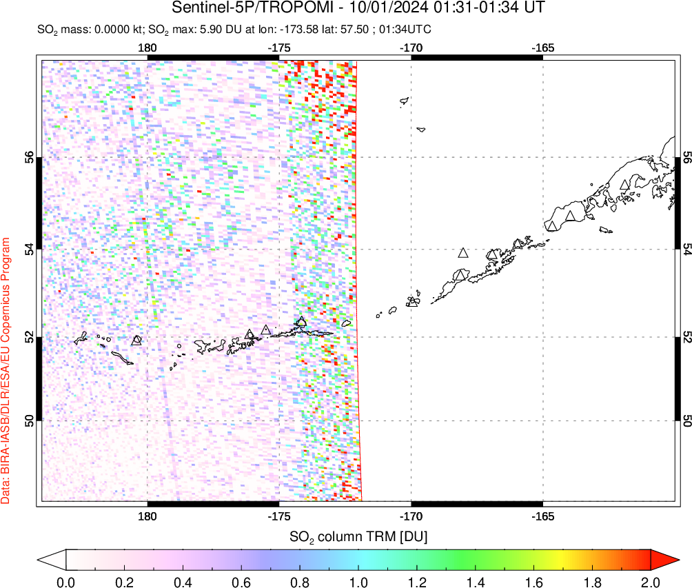 A sulfur dioxide image over Aleutian Islands, Alaska, USA on Oct 01, 2024.